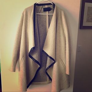 Wool drape coat with leather trim